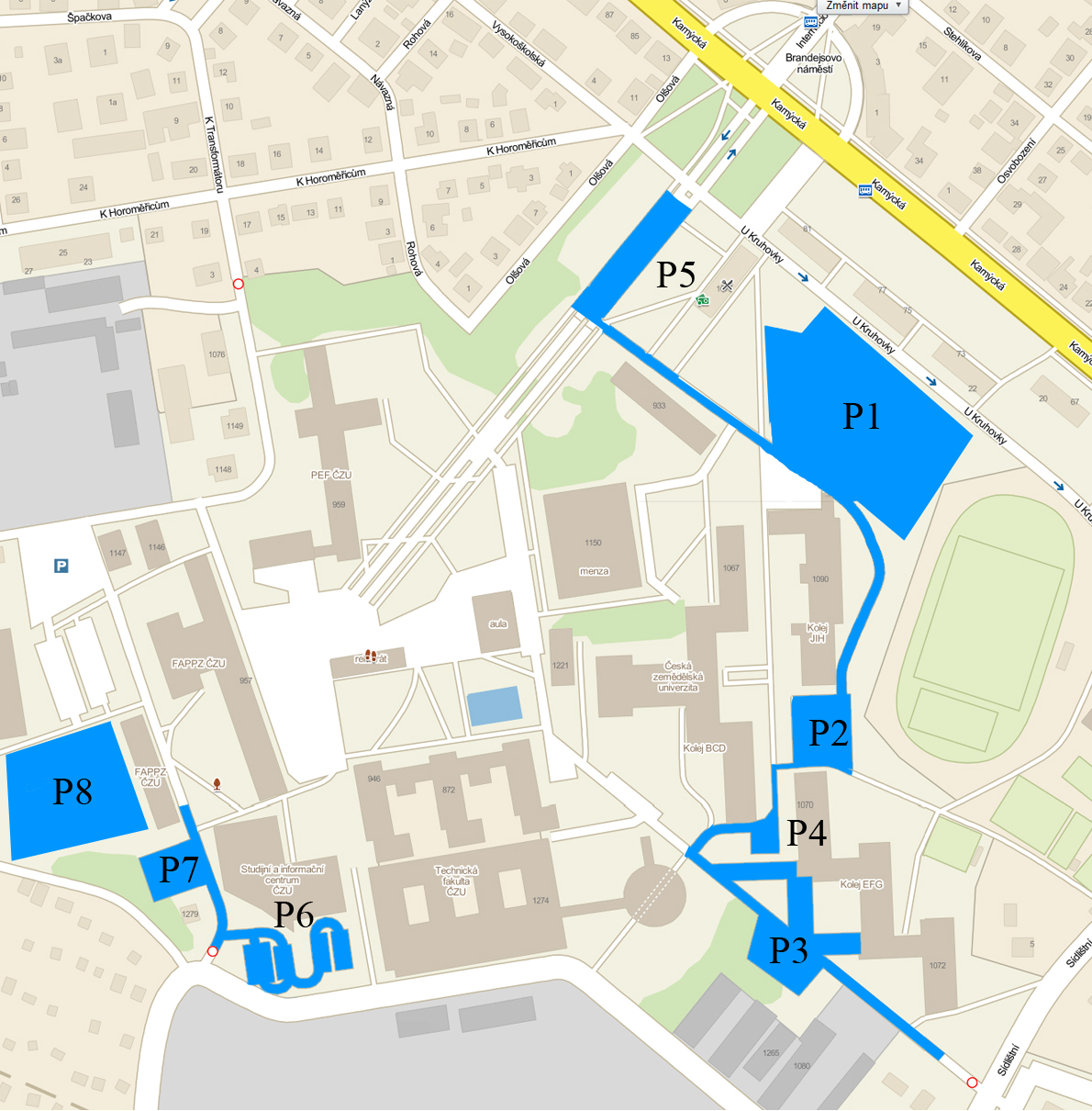 Mapa studentských parkovišť